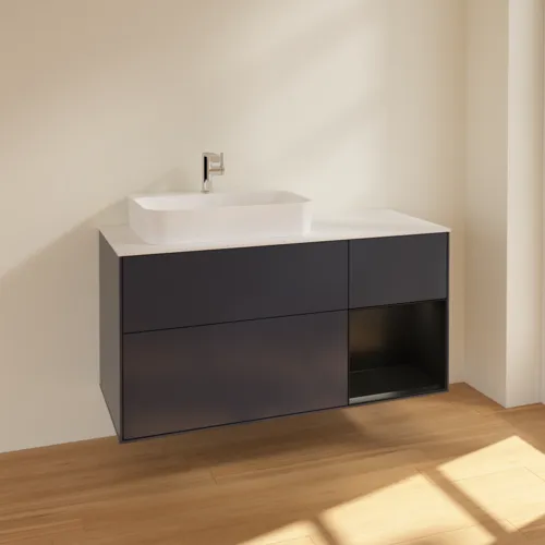 VILLEROY BOCH Finion Waschbeckenunterschrank, mit Beleuchtung, 3 Auszüge, 1200 x 603 x 501 mm, Midnight Blue Matt Lacquer / Black Matt Lacquer / Glass White Matt #F401PDHG, Bild 2