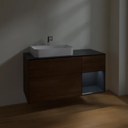 Bild von VILLEROY BOCH Finion Waschbeckenunterschrank, mit Beleuchtung, 3 Auszüge, 1200 x 603 x 501 mm, Walnut Veneer / Midnight Blue Matt Lacquer / Glass Black Matt #F402HGGN