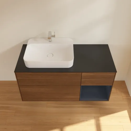 Bild von VILLEROY BOCH Finion Waschbeckenunterschrank, mit Beleuchtung, 3 Auszüge, 1200 x 603 x 501 mm, Walnut Veneer / Midnight Blue Matt Lacquer / Glass Black Matt #F402HGGN