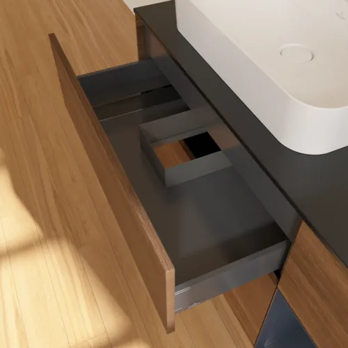 Bild von VILLEROY BOCH Finion Waschbeckenunterschrank, mit Beleuchtung, 3 Auszüge, 1200 x 603 x 501 mm, Walnut Veneer / Midnight Blue Matt Lacquer / Glass Black Matt #F402HGGN