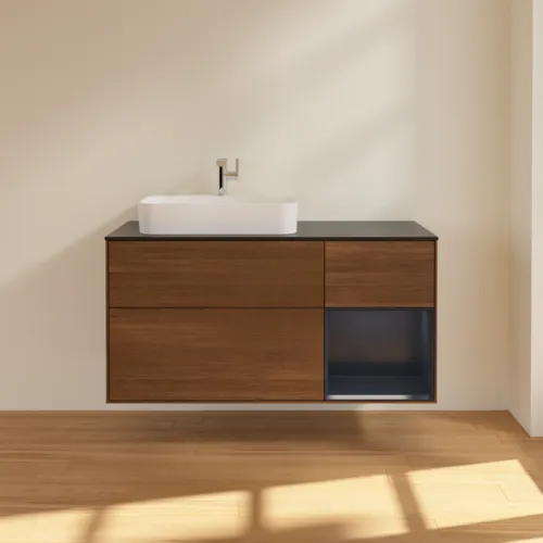 Bild von VILLEROY BOCH Finion Waschbeckenunterschrank, mit Beleuchtung, 3 Auszüge, 1200 x 603 x 501 mm, Walnut Veneer / Midnight Blue Matt Lacquer / Glass Black Matt #F402HGGN