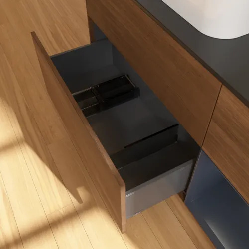 Bild von VILLEROY BOCH Finion Waschbeckenunterschrank, mit Beleuchtung, 3 Auszüge, 1200 x 603 x 501 mm, Walnut Veneer / Midnight Blue Matt Lacquer / Glass Black Matt #F402HGGN