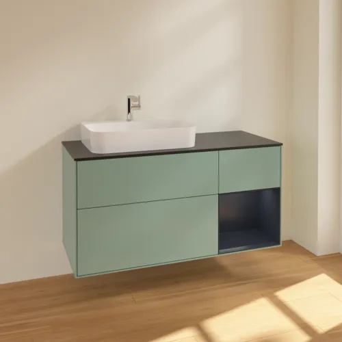 Bild von VILLEROY BOCH Finion Waschbeckenunterschrank, mit Beleuchtung, 3 Auszüge, 1200 x 603 x 501 mm, Olive Matt Lacquer / Midnight Blue Matt Lacquer / Glass Black Matt #F402HGGM