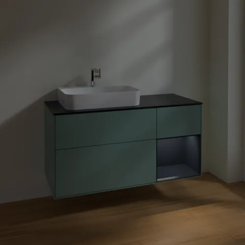 Bild von VILLEROY BOCH Finion Waschbeckenunterschrank, mit Beleuchtung, 3 Auszüge, 1200 x 603 x 501 mm, Olive Matt Lacquer / Midnight Blue Matt Lacquer / Glass Black Matt #F402HGGM