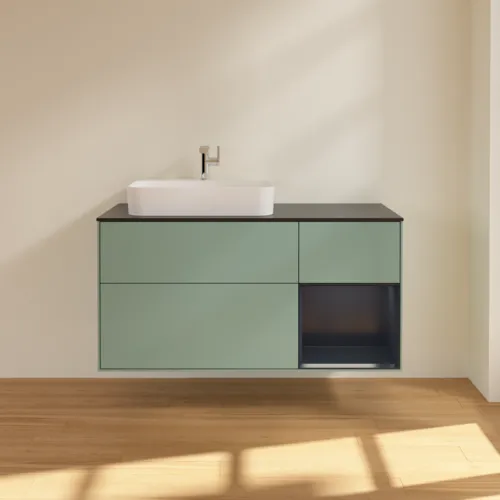 Bild von VILLEROY BOCH Finion Waschbeckenunterschrank, mit Beleuchtung, 3 Auszüge, 1200 x 603 x 501 mm, Olive Matt Lacquer / Midnight Blue Matt Lacquer / Glass Black Matt #F402HGGM