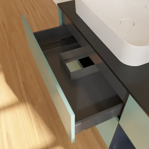 Bild von VILLEROY BOCH Finion Waschbeckenunterschrank, mit Beleuchtung, 3 Auszüge, 1200 x 603 x 501 mm, Olive Matt Lacquer / Midnight Blue Matt Lacquer / Glass Black Matt #F402HGGM