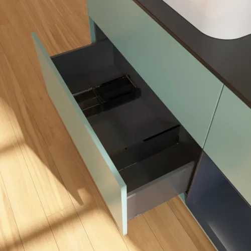 Bild von VILLEROY BOCH Finion Waschbeckenunterschrank, mit Beleuchtung, 3 Auszüge, 1200 x 603 x 501 mm, Olive Matt Lacquer / Midnight Blue Matt Lacquer / Glass Black Matt #F402HGGM