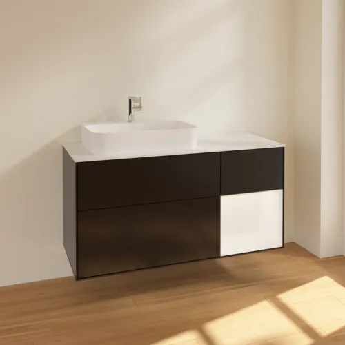 VILLEROY BOCH Finion Waschbeckenunterschrank, mit Beleuchtung, 3 Auszüge, 1200 x 603 x 501 mm, Black Matt Lacquer / White Matt Lacquer / Glass White Matt #F401MTPD, Bild 2