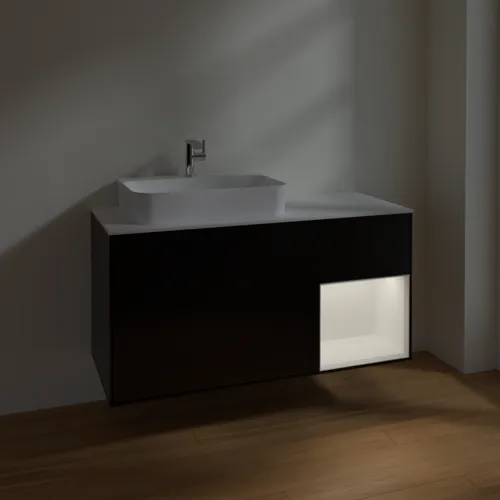 VILLEROY BOCH Finion Waschbeckenunterschrank, mit Beleuchtung, 3 Auszüge, 1200 x 603 x 501 mm, Black Matt Lacquer / White Matt Lacquer / Glass White Matt #F401MTPD, Bild 5