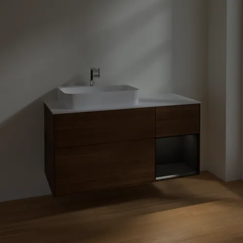 VILLEROY BOCH Finion Waschbeckenunterschrank, mit Beleuchtung, 3 Auszüge, 1200 x 603 x 501 mm, Walnut Veneer / Black Matt Lacquer / Glass White Matt #F401PDGN, Bild 5