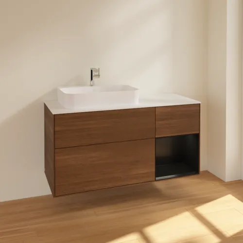 VILLEROY BOCH Finion Waschbeckenunterschrank, mit Beleuchtung, 3 Auszüge, 1200 x 603 x 501 mm, Walnut Veneer / Black Matt Lacquer / Glass White Matt #F401PDGN, Bild 2