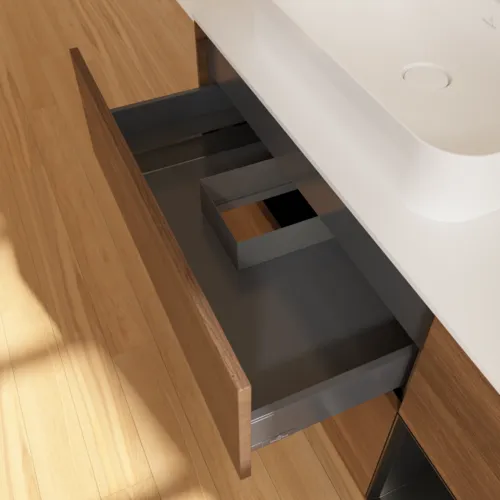 VILLEROY BOCH Finion Waschbeckenunterschrank, mit Beleuchtung, 3 Auszüge, 1200 x 603 x 501 mm, Walnut Veneer / Black Matt Lacquer / Glass White Matt #F401PDGN, Bild 8