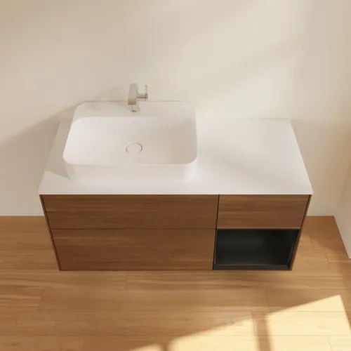 VILLEROY BOCH Finion Waschbeckenunterschrank, mit Beleuchtung, 3 Auszüge, 1200 x 603 x 501 mm, Walnut Veneer / Black Matt Lacquer / Glass White Matt #F401PDGN, Bild 4