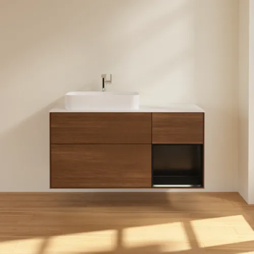 VILLEROY BOCH Finion Waschbeckenunterschrank, mit Beleuchtung, 3 Auszüge, 1200 x 603 x 501 mm, Walnut Veneer / Black Matt Lacquer / Glass White Matt #F401PDGN, Bild 3