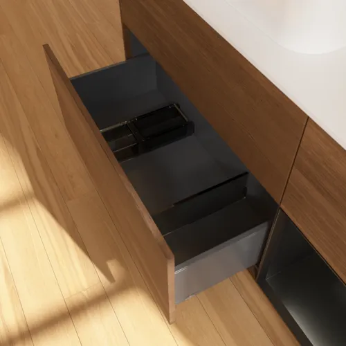 VILLEROY BOCH Finion Waschbeckenunterschrank, mit Beleuchtung, 3 Auszüge, 1200 x 603 x 501 mm, Walnut Veneer / Black Matt Lacquer / Glass White Matt #F401PDGN, Bild 7