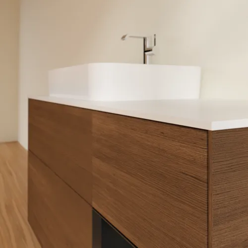VILLEROY BOCH Finion Waschbeckenunterschrank, mit Beleuchtung, 3 Auszüge, 1200 x 603 x 501 mm, Walnut Veneer / Black Matt Lacquer / Glass White Matt #F401PDGN, Bild 6