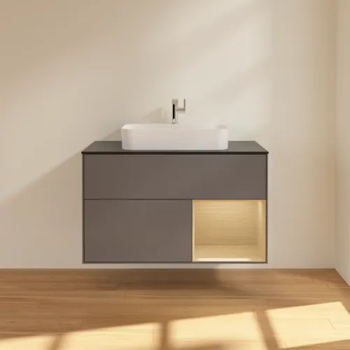 VILLEROY BOCH Finion Waschbeckenunterschrank, mit Beleuchtung, 2 Auszüge, 1000 x 603 x 501 mm, Anthracite Matt Lacquer / Oak Veneer / Glass Black Matt #F372PCGK, Bild 3