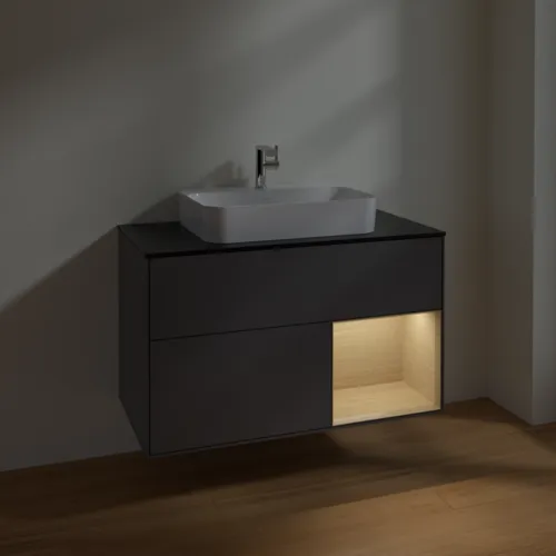 VILLEROY BOCH Finion Waschbeckenunterschrank, mit Beleuchtung, 2 Auszüge, 1000 x 603 x 501 mm, Anthracite Matt Lacquer / Oak Veneer / Glass Black Matt #F372PCGK, Bild 5