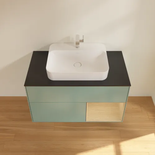 Bild von VILLEROY BOCH Finion Waschbeckenunterschrank, mit Beleuchtung, 2 Auszüge, 1000 x 603 x 501 mm, Olive Matt Lacquer / Oak Veneer / Glass Black Matt #F372PCGM