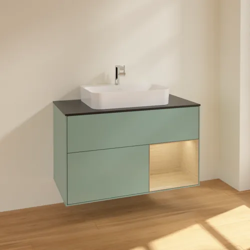 Bild von VILLEROY BOCH Finion Waschbeckenunterschrank, mit Beleuchtung, 2 Auszüge, 1000 x 603 x 501 mm, Olive Matt Lacquer / Oak Veneer / Glass Black Matt #F372PCGM