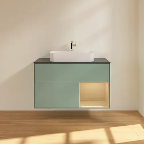 Bild von VILLEROY BOCH Finion Waschbeckenunterschrank, mit Beleuchtung, 2 Auszüge, 1000 x 603 x 501 mm, Olive Matt Lacquer / Oak Veneer / Glass Black Matt #F372PCGM