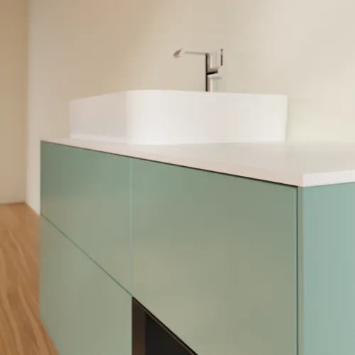 Bild von VILLEROY BOCH Finion Waschbeckenunterschrank, mit Beleuchtung, 3 Auszüge, 1200 x 603 x 501 mm, Olive Matt Lacquer / Black Matt Lacquer / Glass White Matt #F401PDGM
