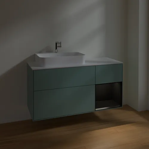 Bild von VILLEROY BOCH Finion Waschbeckenunterschrank, mit Beleuchtung, 3 Auszüge, 1200 x 603 x 501 mm, Olive Matt Lacquer / Black Matt Lacquer / Glass White Matt #F401PDGM