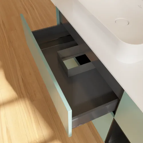Bild von VILLEROY BOCH Finion Waschbeckenunterschrank, mit Beleuchtung, 3 Auszüge, 1200 x 603 x 501 mm, Olive Matt Lacquer / Black Matt Lacquer / Glass White Matt #F401PDGM