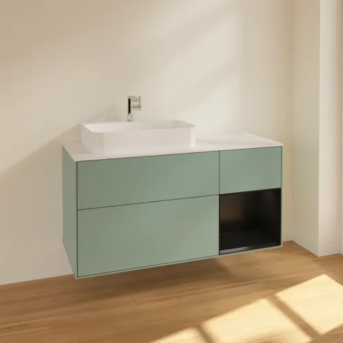 Bild von VILLEROY BOCH Finion Waschbeckenunterschrank, mit Beleuchtung, 3 Auszüge, 1200 x 603 x 501 mm, Olive Matt Lacquer / Black Matt Lacquer / Glass White Matt #F401PDGM
