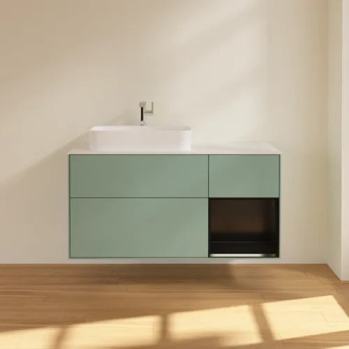 Bild von VILLEROY BOCH Finion Waschbeckenunterschrank, mit Beleuchtung, 3 Auszüge, 1200 x 603 x 501 mm, Olive Matt Lacquer / Black Matt Lacquer / Glass White Matt #F401PDGM