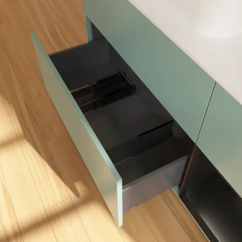 Bild von VILLEROY BOCH Finion Waschbeckenunterschrank, mit Beleuchtung, 3 Auszüge, 1200 x 603 x 501 mm, Olive Matt Lacquer / Black Matt Lacquer / Glass White Matt #F401PDGM