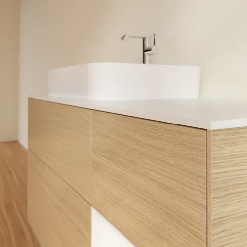 Bild von VILLEROY BOCH Finion Waschbeckenunterschrank, mit Beleuchtung, 3 Auszüge, 1200 x 603 x 501 mm, Oak Veneer / White Matt Lacquer / Glass White Matt #F401MTPC