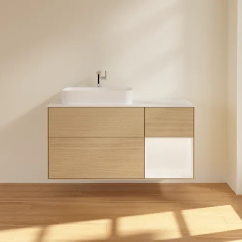 Bild von VILLEROY BOCH Finion Waschbeckenunterschrank, mit Beleuchtung, 3 Auszüge, 1200 x 603 x 501 mm, Oak Veneer / White Matt Lacquer / Glass White Matt #F401MTPC