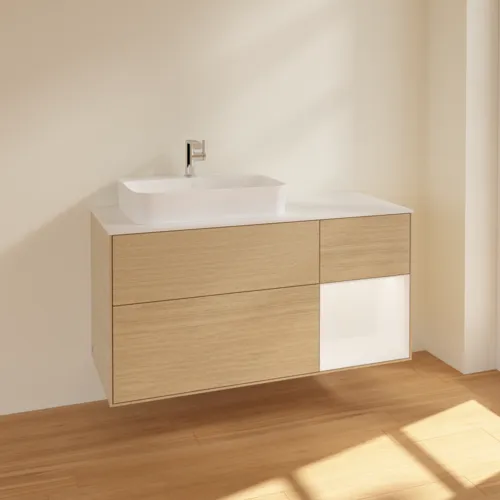 Bild von VILLEROY BOCH Finion Waschbeckenunterschrank, mit Beleuchtung, 3 Auszüge, 1200 x 603 x 501 mm, Oak Veneer / White Matt Lacquer / Glass White Matt #F401MTPC