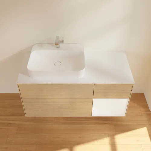 Bild von VILLEROY BOCH Finion Waschbeckenunterschrank, mit Beleuchtung, 3 Auszüge, 1200 x 603 x 501 mm, Oak Veneer / White Matt Lacquer / Glass White Matt #F401MTPC