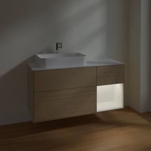 Bild von VILLEROY BOCH Finion Waschbeckenunterschrank, mit Beleuchtung, 3 Auszüge, 1200 x 603 x 501 mm, Oak Veneer / White Matt Lacquer / Glass White Matt #F401MTPC
