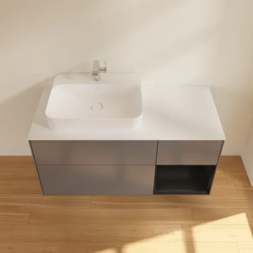 VILLEROY BOCH Finion Waschbeckenunterschrank, mit Beleuchtung, 3 Auszüge, 1200 x 603 x 501 mm, Anthracite Matt Lacquer / Black Matt Lacquer / Glass White Matt #F401PDGK, Bild 4