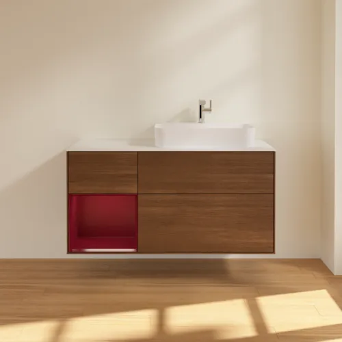 VILLEROY BOCH Finion Waschbeckenunterschrank, mit Beleuchtung, 3 Auszüge, 1200 x 603 x 501 mm, Walnut Veneer / Peony Matt Lacquer / Glass White Matt #F391HBGN, Bild 3