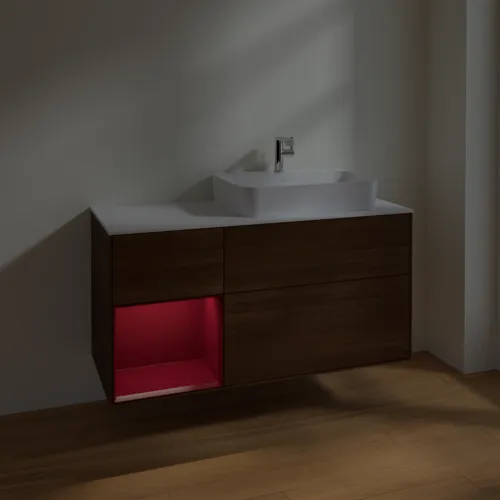 VILLEROY BOCH Finion Waschbeckenunterschrank, mit Beleuchtung, 3 Auszüge, 1200 x 603 x 501 mm, Walnut Veneer / Peony Matt Lacquer / Glass White Matt #F391HBGN, Bild 5