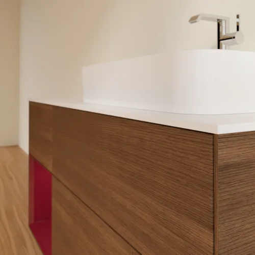VILLEROY BOCH Finion Waschbeckenunterschrank, mit Beleuchtung, 3 Auszüge, 1200 x 603 x 501 mm, Walnut Veneer / Peony Matt Lacquer / Glass White Matt #F391HBGN, Bild 6