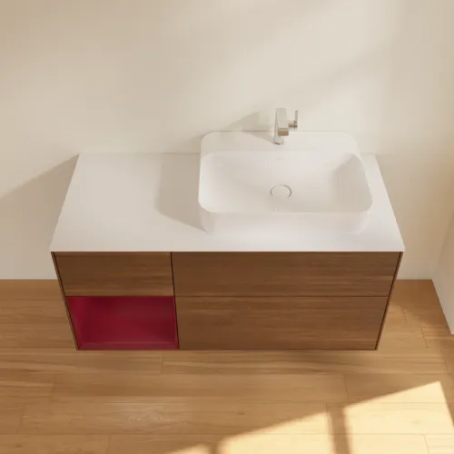 VILLEROY BOCH Finion Waschbeckenunterschrank, mit Beleuchtung, 3 Auszüge, 1200 x 603 x 501 mm, Walnut Veneer / Peony Matt Lacquer / Glass White Matt #F391HBGN, Bild 4