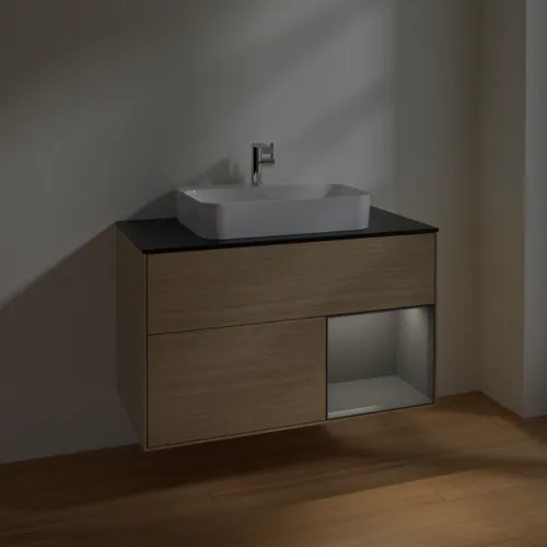 VILLEROY BOCH Finion Waschbeckenunterschrank, mit Beleuchtung, 2 Auszüge, 1000 x 603 x 501 mm, Oak Veneer / Anthracite Matt Lacquer / Glass Black Matt #F372GKPC, Bild 5