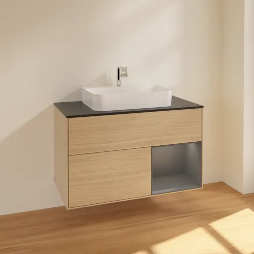 VILLEROY BOCH Finion Waschbeckenunterschrank, mit Beleuchtung, 2 Auszüge, 1000 x 603 x 501 mm, Oak Veneer / Anthracite Matt Lacquer / Glass Black Matt #F372GKPC, Bild 2
