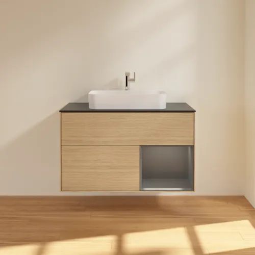VILLEROY BOCH Finion Waschbeckenunterschrank, mit Beleuchtung, 2 Auszüge, 1000 x 603 x 501 mm, Oak Veneer / Anthracite Matt Lacquer / Glass Black Matt #F372GKPC, Bild 3