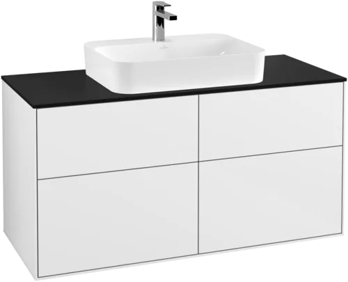Obrázek VILLEROY BOCH Toaletní skříňka Finion, 4 výsuvy, 1200 x 603 x 501 mm, lesklý bílý lak / černé matné sklo #F38200GF