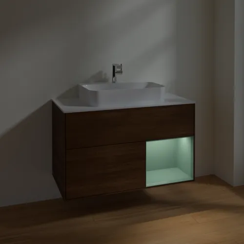 Bild von VILLEROY BOCH Finion Waschbeckenunterschrank, mit Beleuchtung, 2 Auszüge, 1000 x 603 x 501 mm, Walnut Veneer / Olive Matt Lacquer / Glass White Matt #F371GMGN