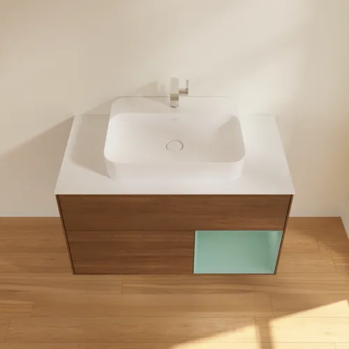 Bild von VILLEROY BOCH Finion Waschbeckenunterschrank, mit Beleuchtung, 2 Auszüge, 1000 x 603 x 501 mm, Walnut Veneer / Olive Matt Lacquer / Glass White Matt #F371GMGN