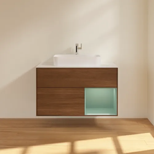 Bild von VILLEROY BOCH Finion Waschbeckenunterschrank, mit Beleuchtung, 2 Auszüge, 1000 x 603 x 501 mm, Walnut Veneer / Olive Matt Lacquer / Glass White Matt #F371GMGN