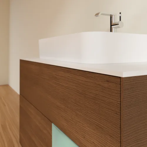 Bild von VILLEROY BOCH Finion Waschbeckenunterschrank, mit Beleuchtung, 2 Auszüge, 1000 x 603 x 501 mm, Walnut Veneer / Olive Matt Lacquer / Glass White Matt #F371GMGN