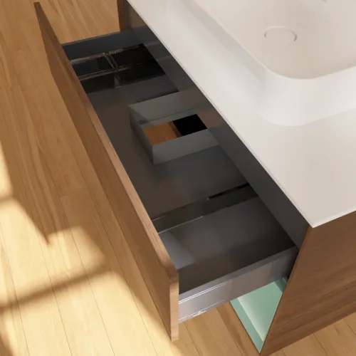 Bild von VILLEROY BOCH Finion Waschbeckenunterschrank, mit Beleuchtung, 2 Auszüge, 1000 x 603 x 501 mm, Walnut Veneer / Olive Matt Lacquer / Glass White Matt #F371GMGN